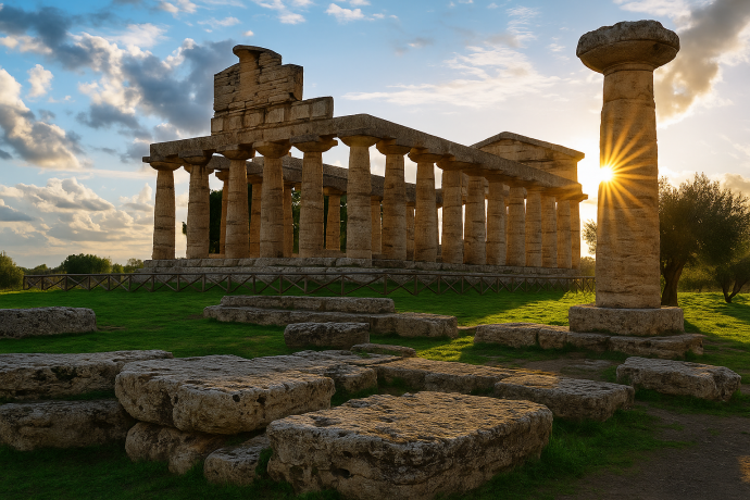 Tempio dorico di Paestum al tramonto con sole tra le colonne e rovine in primo piano