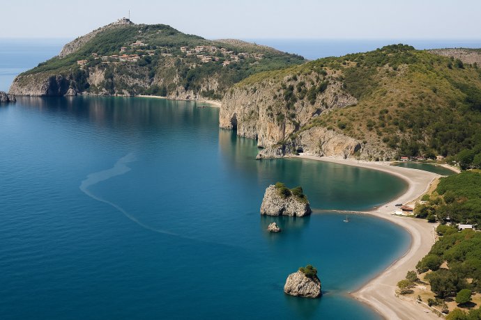 Capo Palinuro con spiagge, scogliere e mare turchese visto dall’alto
