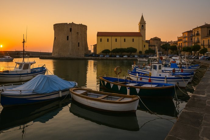 Porto di Acciaroli al tramonto con barche, torre e chiesa sullo sfondo.