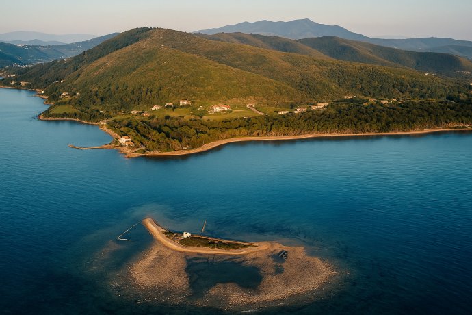 Punta Licosa con isoletta, faro e costa verde vista dall’alto