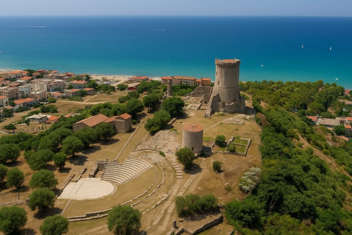 Rovine di Velia con teatro, torre e vista sul mare nel Cilento viste dall’alto.