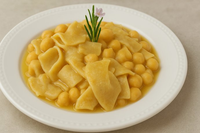 Lagane e ceci nel piatto, ricetta cilentana con pasta fatta a mano e ceci in salsa cremosa.