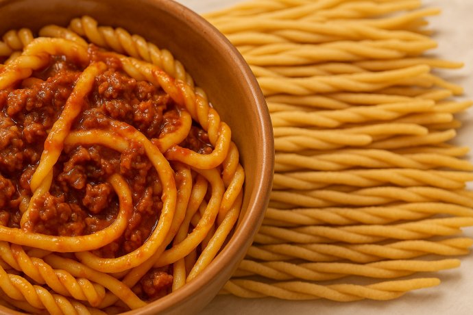 Fusillo Felittese con ragù cilentano in ciotola di terracotta e pasta fresca sullo sfondo.