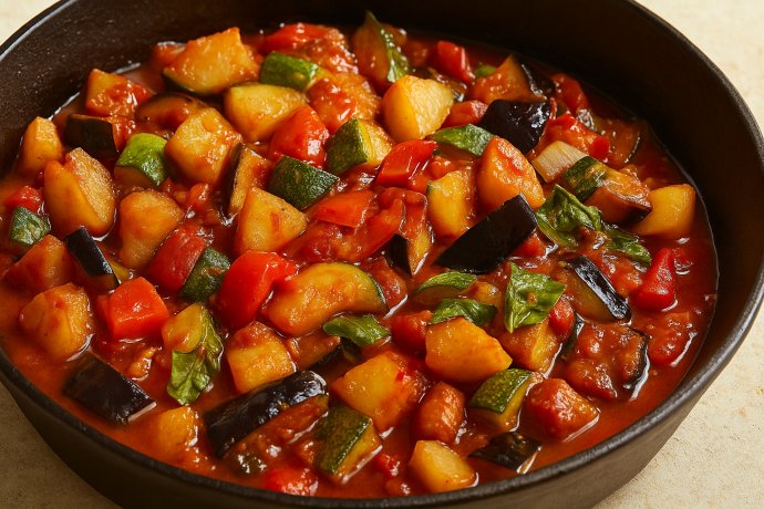 Ciambotta con verdure miste in padella: melanzane, zucchine, patate, peperoni e pomodori.