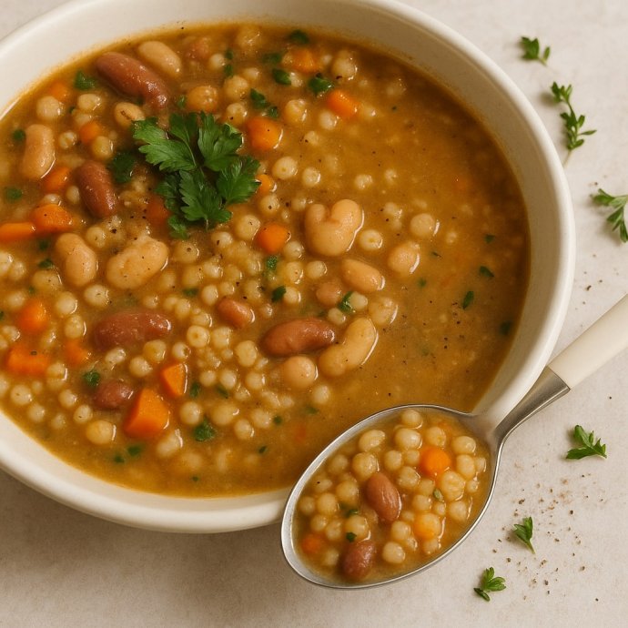 Zuppa cilentana Ciccimmaretati con legumi, cereali e verdure in un piatto rustico