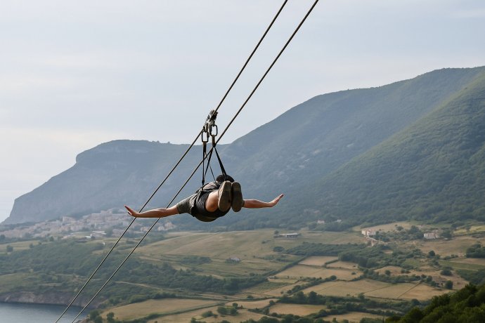 Persona in volo sulla zipline di Trentinara con vista su montagne e vallate del Cilento.